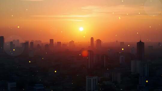 4k黄昏城市夕阳美景舞台粒子背景