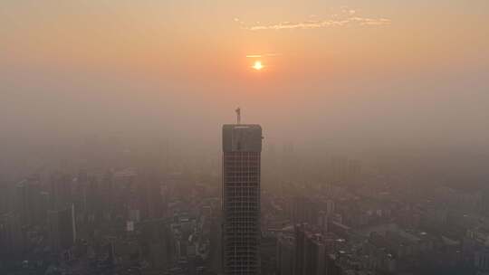 城市高楼建筑吊塔日出航拍