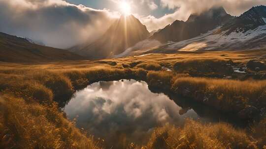 山间草甸湖泊阳光风景