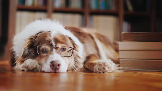 小狗戴着眼镜趴在图书馆的地板上