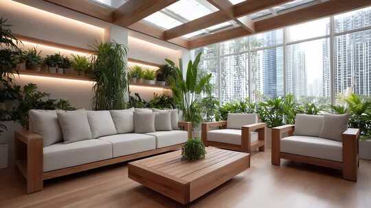 城市景观房简约木质家具与绿植和谐共生