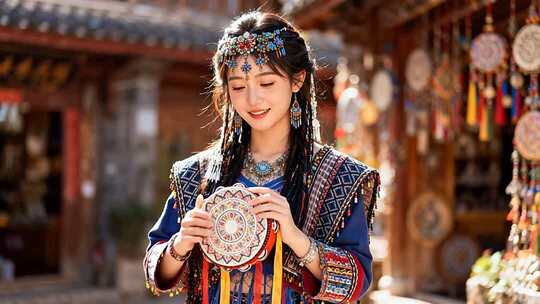 身着民族服饰女子手持特色物件