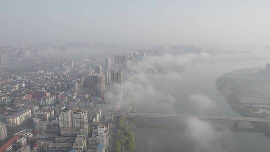 航拍衡阳湘江城市风光平流雾