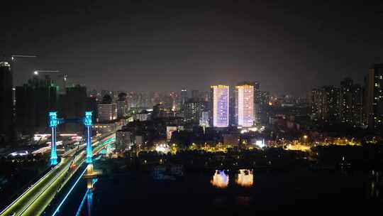 航拍湖北襄阳夜景凤雏大桥夜景