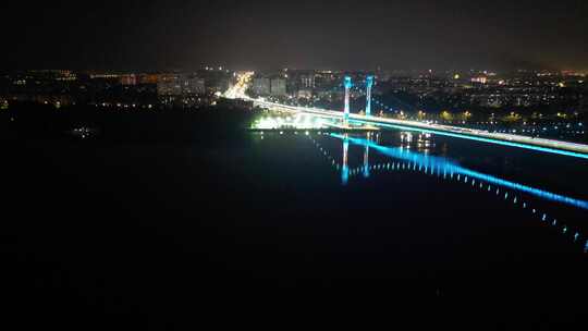 航拍湖北襄阳夜景凤雏大桥夜景