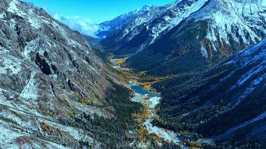 雪山下多彩树林与湖泊相映的美景