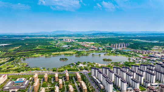 中国吉林省梅河口海龙湖公园航拍全景