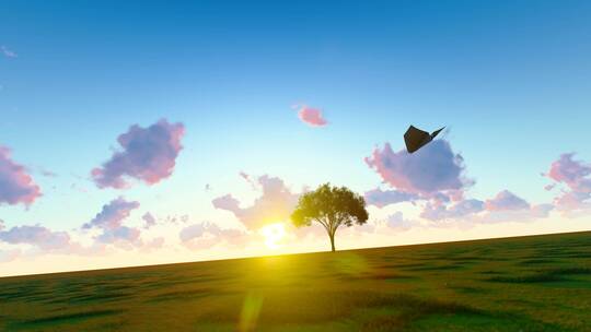 纸飞机飞过草原和日出