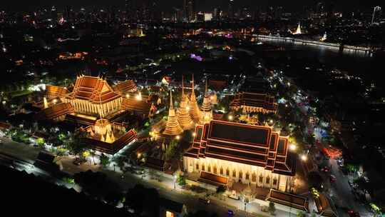 原创 泰国曼谷大皇宫卧佛寺城市航拍夜景视频素材模板下载