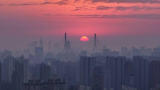 上海日出日落航拍 带城市建筑剪影