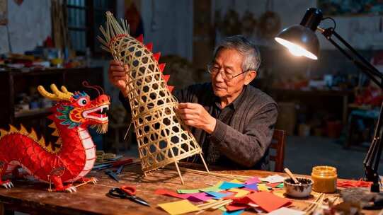 老人制作传统龙形灯笼