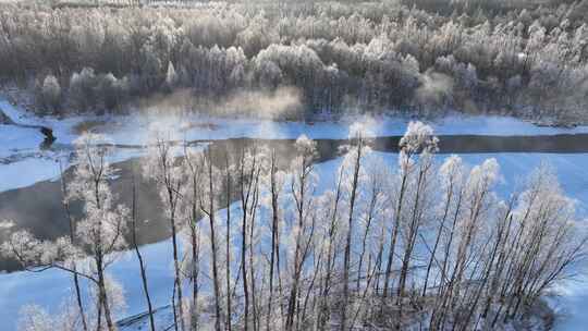 雪原冰河晶莹树挂冻雾阳光