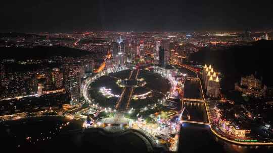 城市繁华夜景 大连星海湾夜景航拍