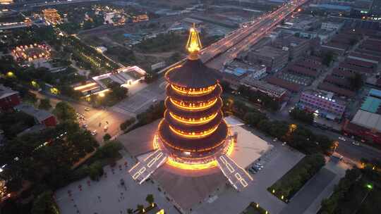 河南洛阳名堂天堂景区夜景灯光航拍