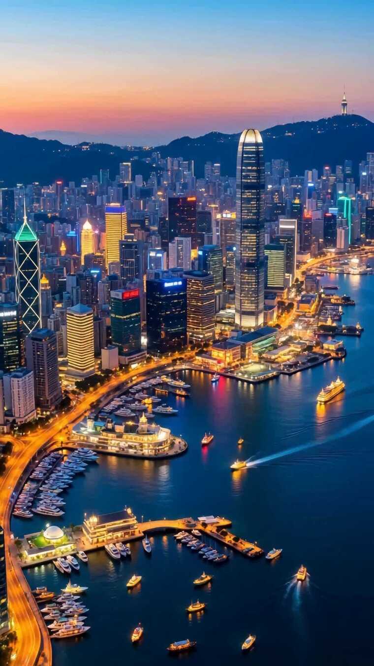 香港城市夜景航拍全景