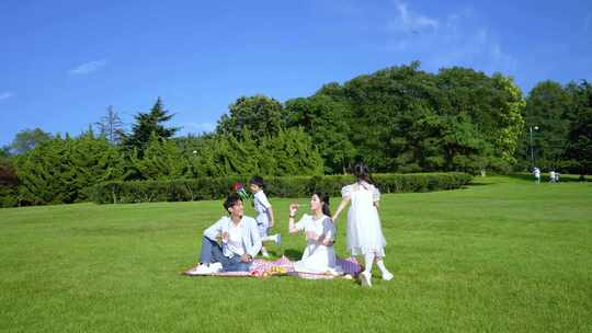 健康快乐 一家人在草地欢乐的玩耍