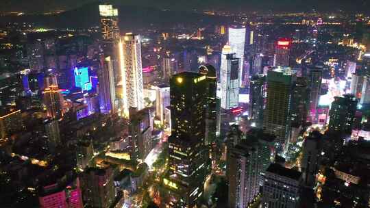 航拍南京新街口市中心高楼夜景灯光