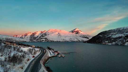 4K航拍北欧挪威特罗姆瑟雪景美景