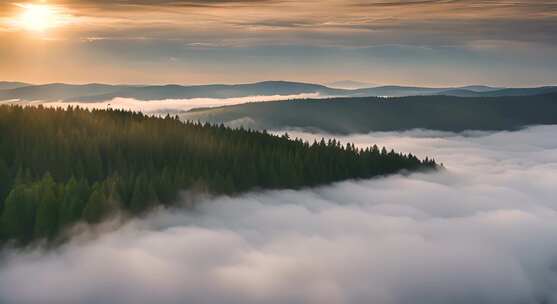 森林云海阳光山峰云雾大自然树林丁达尔效应