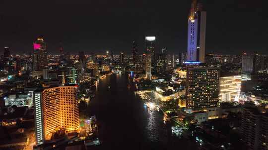 航拍泰国曼谷湄南河城市天际线夜景风光