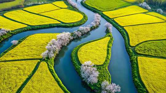 航拍油菜花田与河流景观