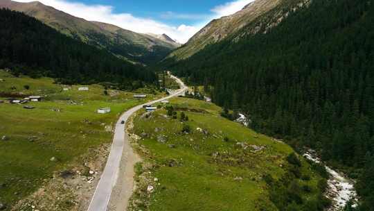 森林乡村林间山路行驶汽车航拍