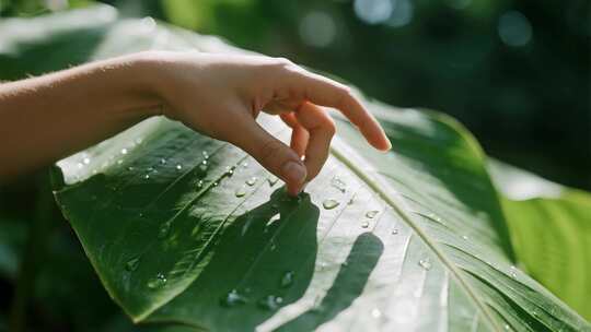 白露节气手抚绿叶清新自然视频