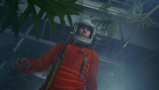 宇航员在温室培育植物