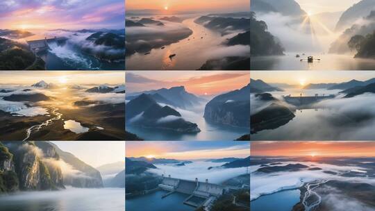 日出长江三峡大坝水电站长江源云雾壮丽山河高清在线视频素材下载