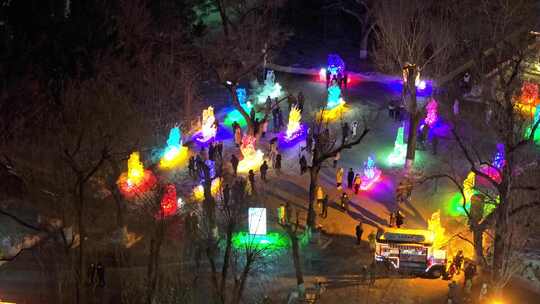 中国黑龙江哈尔滨兆麟公园冰灯游园会夜景视频素材模板下载