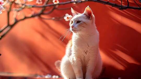 4K春日暖阳红墙白猫可爱猫咪晒太阳特写