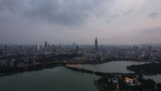 江苏南京夕阳晚霞夜幕降临夜景灯光航拍