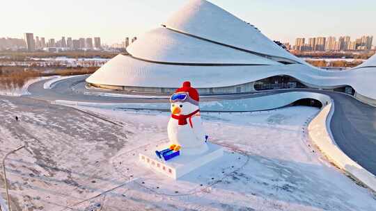 中国黑龙江哈尔滨大剧院企鹅大雪人航拍