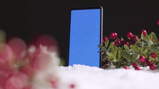 圣诞红果前的蓝屏手机视频素材模板下载