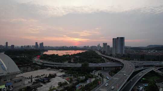 江苏南京夕阳晚霞夜幕降临夜景灯光航拍