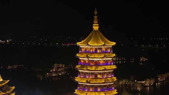 浙江湖州龙之梦太湖古镇夜晚航拍