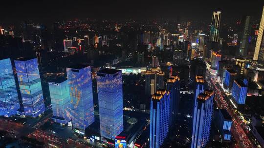 长沙夜景航拍开福区万达广场湘江灯光秀风光