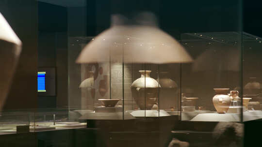 博物馆展柜中的彩陶罐、齐家、马家窑文化