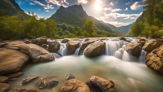 山间溪流与青山自然风光