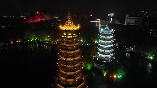 航拍广西桂林地标日月双塔夜景