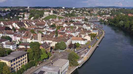 空中无人机参观瑞士莱茵河和沙夫豪森