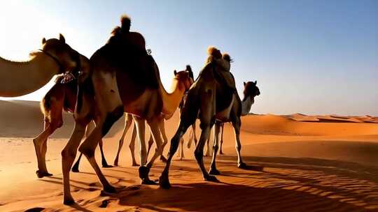 沙漠中行进的骆驼群