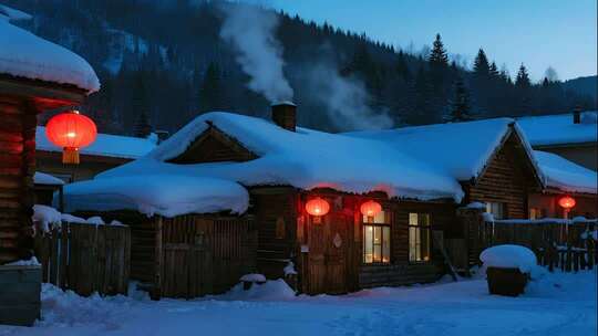 冬至雪乡木屋唯美冬天夜景视频