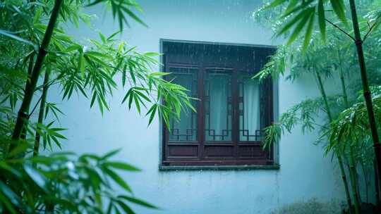 雨中古典窗户竹林意境江南水乡自然风景