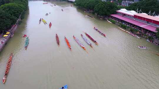 航拍端午节龙舟竞渡福建福州光明港龙舟赛