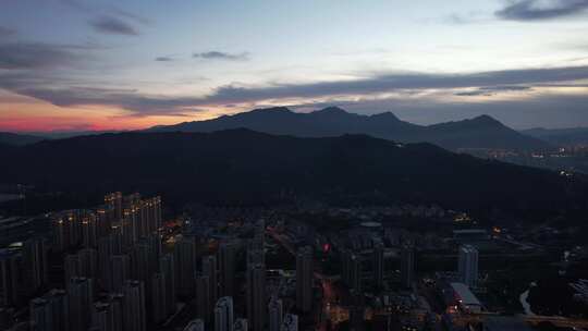 福建龙岩城市夜幕降临晚霞夜景灯光航拍