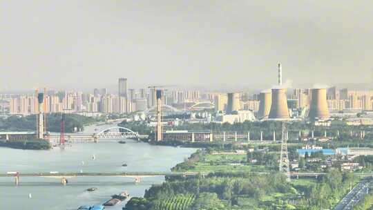 航拍城市河流与现代建筑
