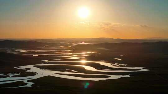 若尔盖黑河黄河九曲河湾夕阳4k航拍