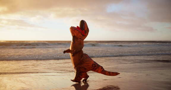 服装、恐龙和日落时在海滩上跑步的人在夏天