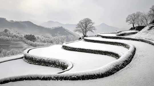 冬天覆盖积雪的梯田